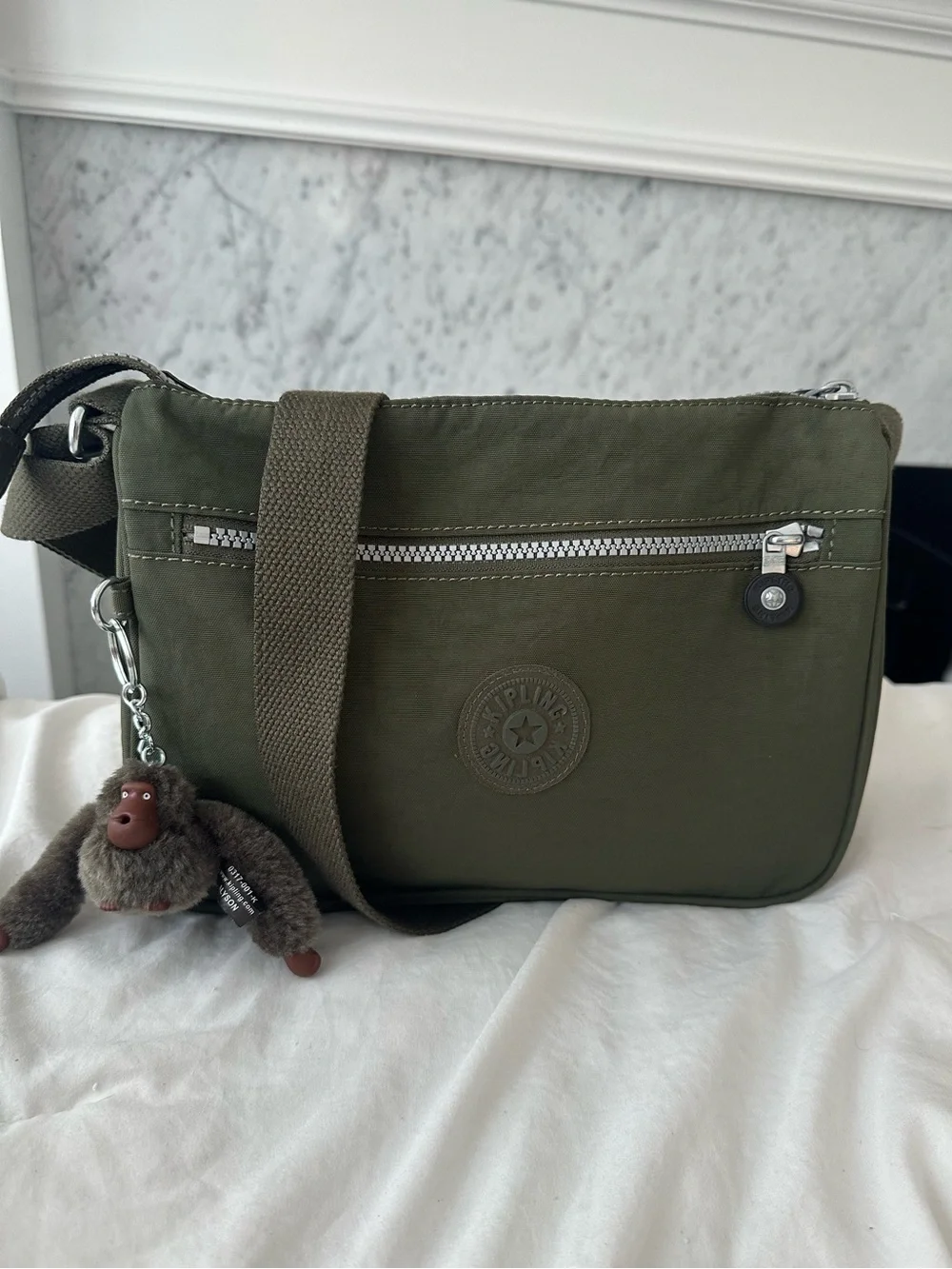 Kipling Green Moss Crossbody Shoulder Bag with Signature Fur Monkey Keychain